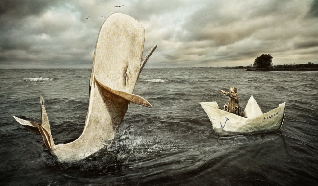 Мужчина в бумажном кораблике и касатка