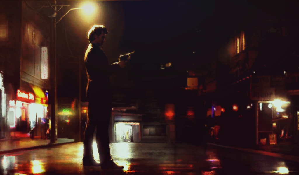 Мужчина с пистолетом на ночной улице