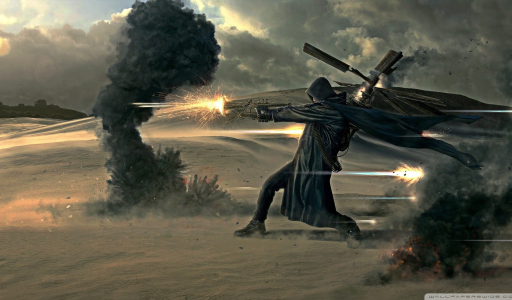 Солдат в черном плаще стреляет из оружия