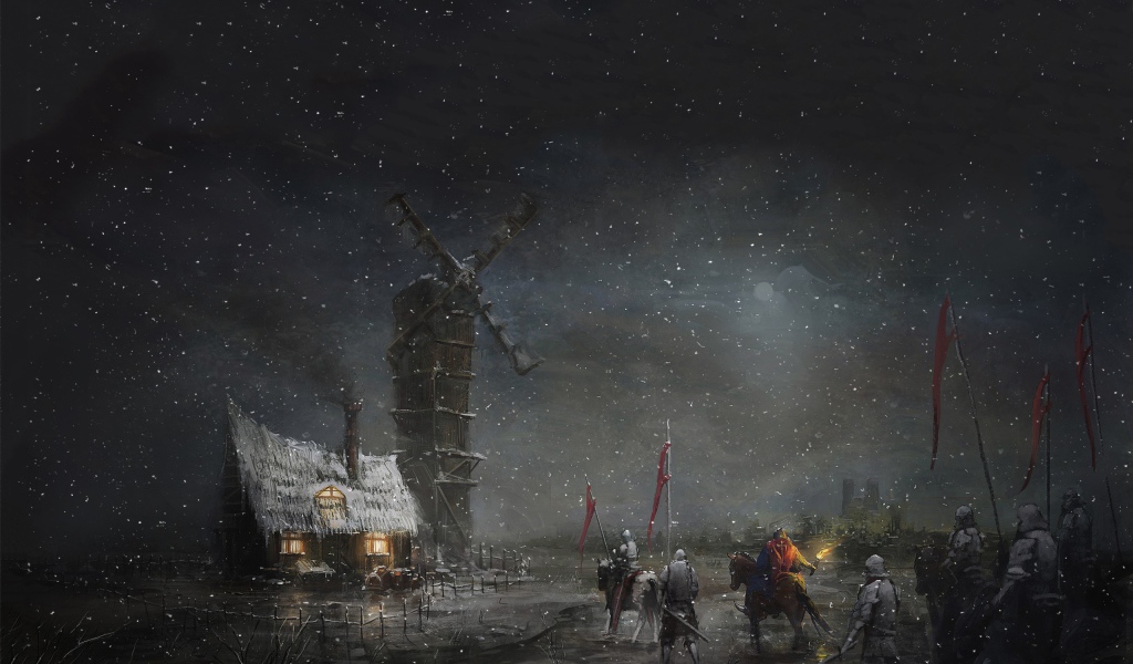 Отряд солдат у ветряной мельницы