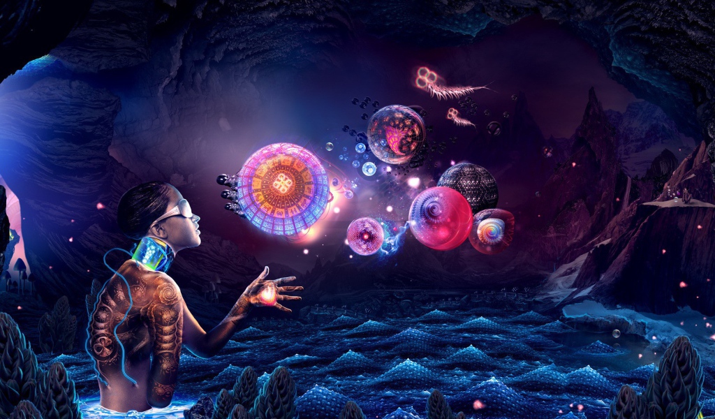 Андроид смотрит на абстрактные сферы