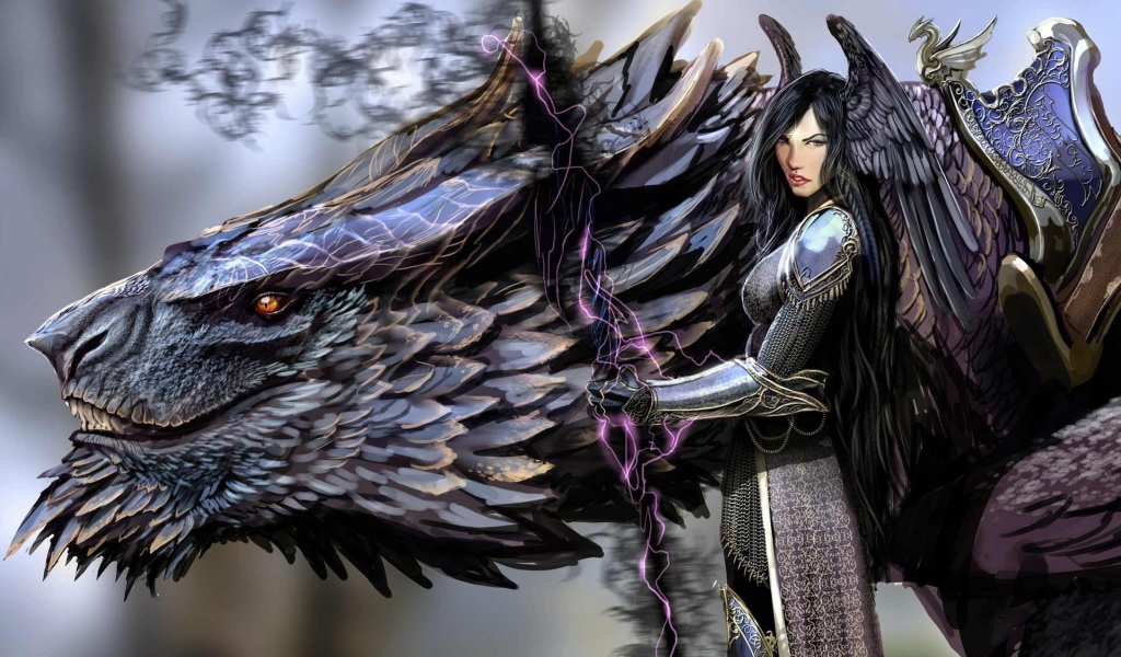 Аниме девушка держит власть над драконом