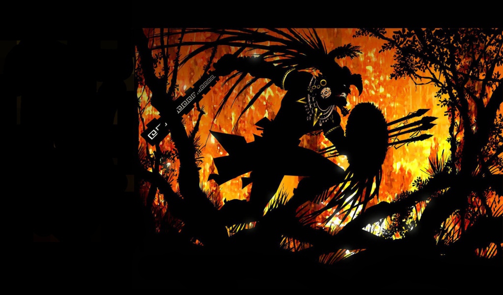 Воин ацтек в горящем лесу