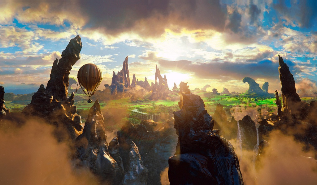 Воздушный шар летит над скалами