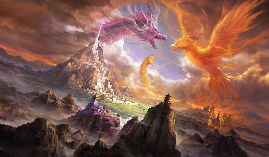 Сражение дракона и птицы Феникс