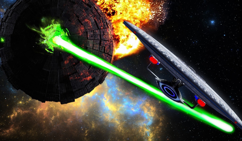 Удар луча зеленого лазера в космосе