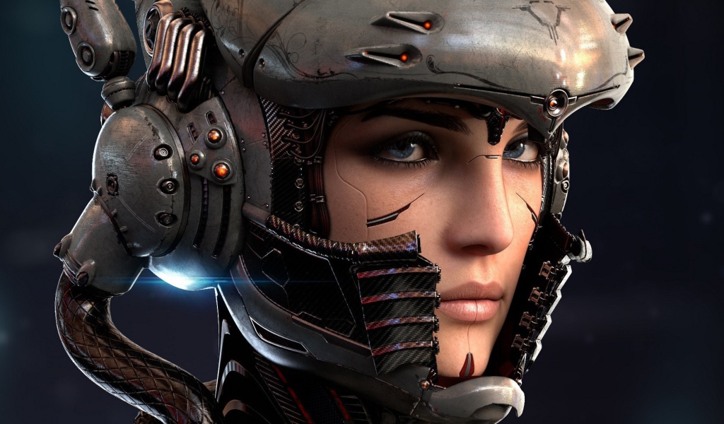 Голубоглазая девушка киборг в шлеме