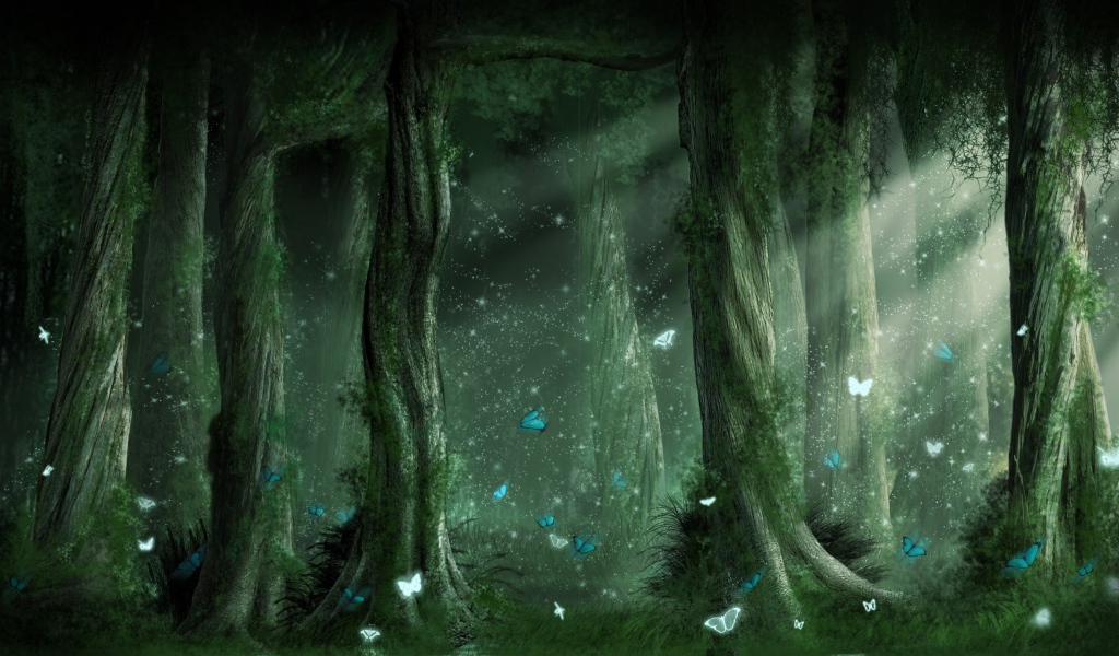 Голубые бабочки в волшебном лесу