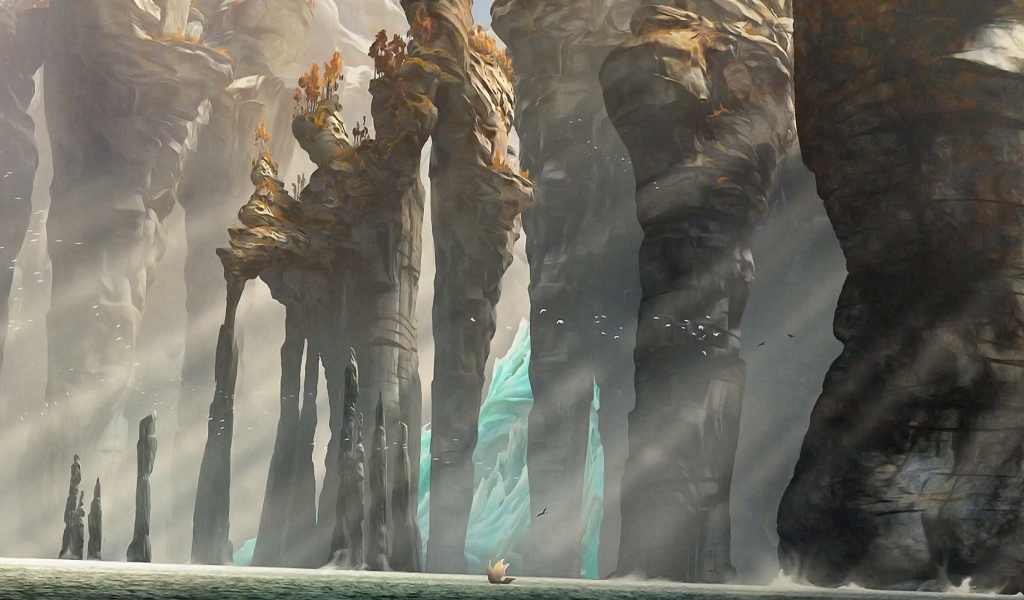 Лодка у подножия каменных столбов