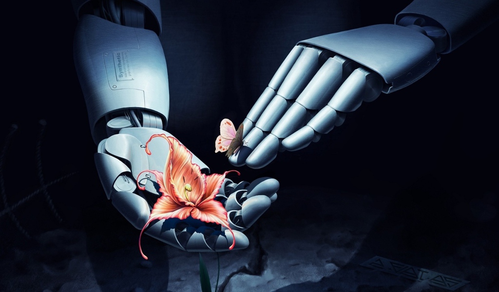 Бабочка и цветок в руках робота
