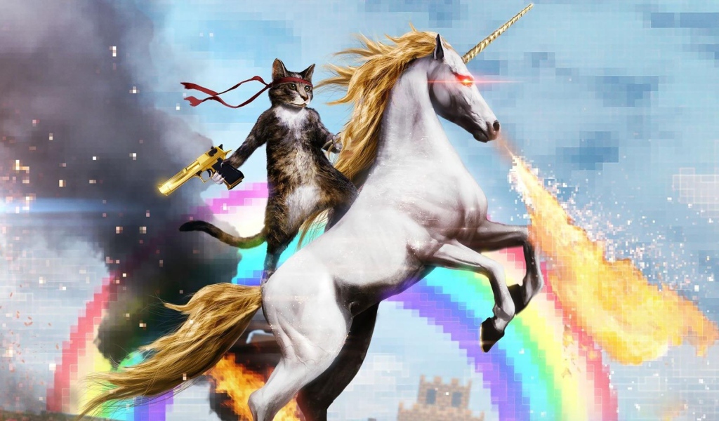 Кот с пистолетом верхом на единороге