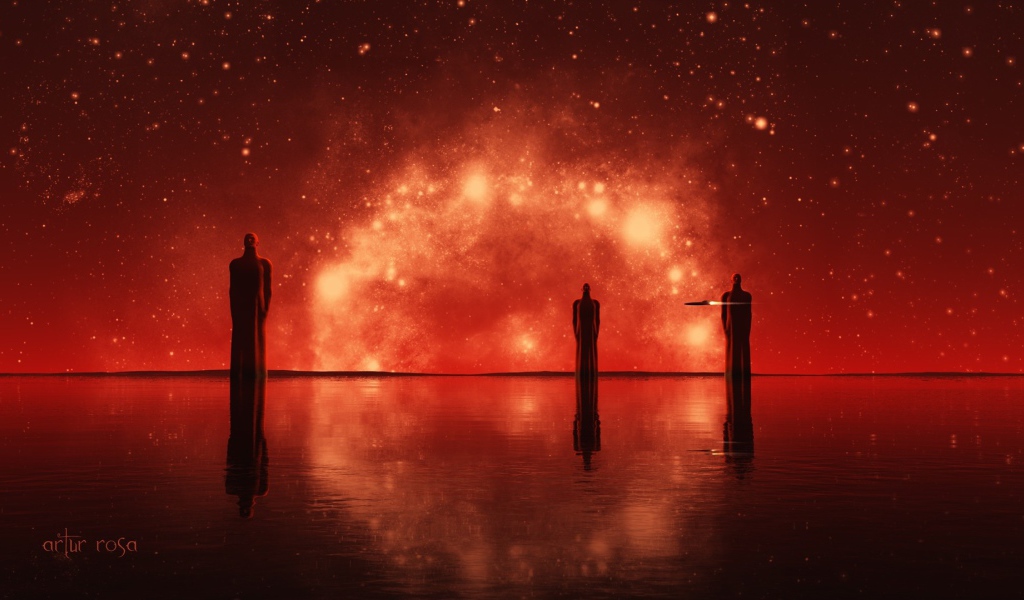 Совет мудрецов на фоне красной звездной системы