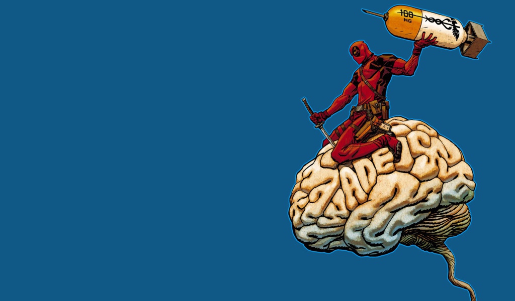 Дэдпул на мозге, голубой фон