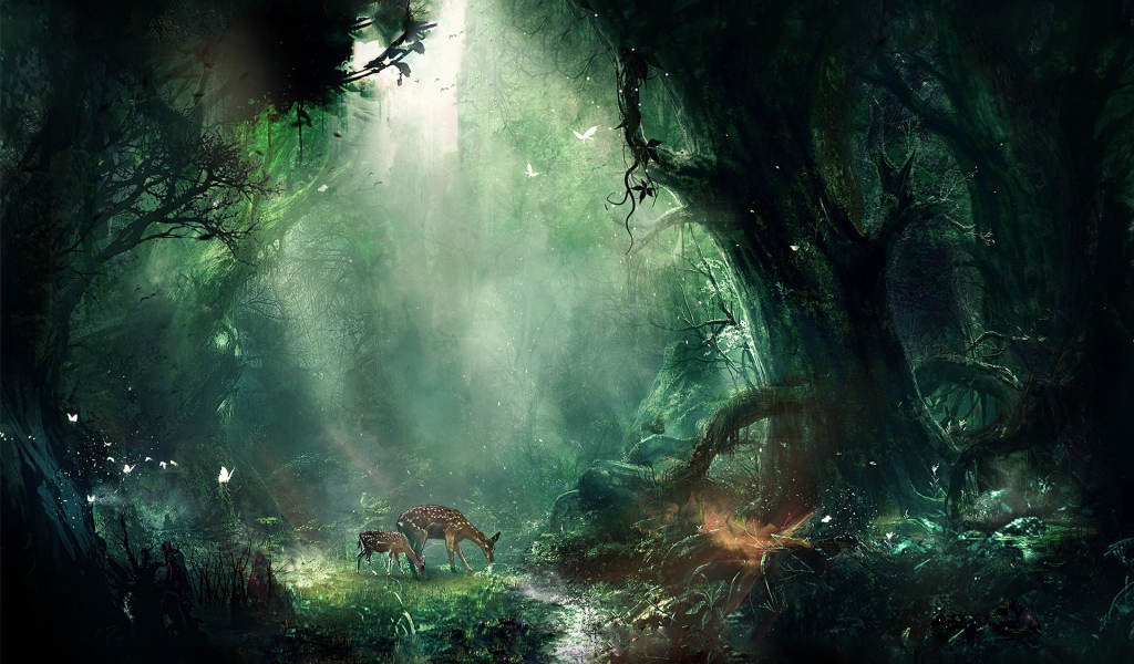 Олени пасутся в чаще волшебного леса