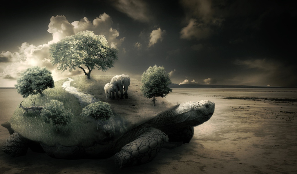 Слоны на черепахе на берегу моря