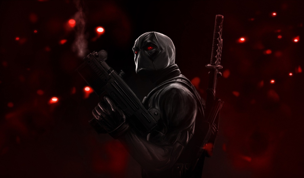 Злой персонаж Дэдпул на красном фоне