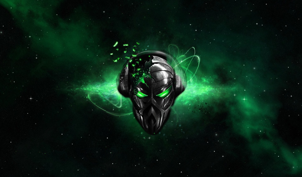 Лицо пришельца на фоне зеленых звезд