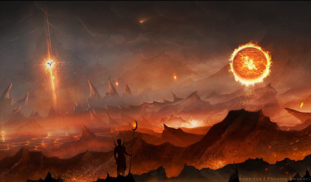 Огненный шар над скалами, фэнтези