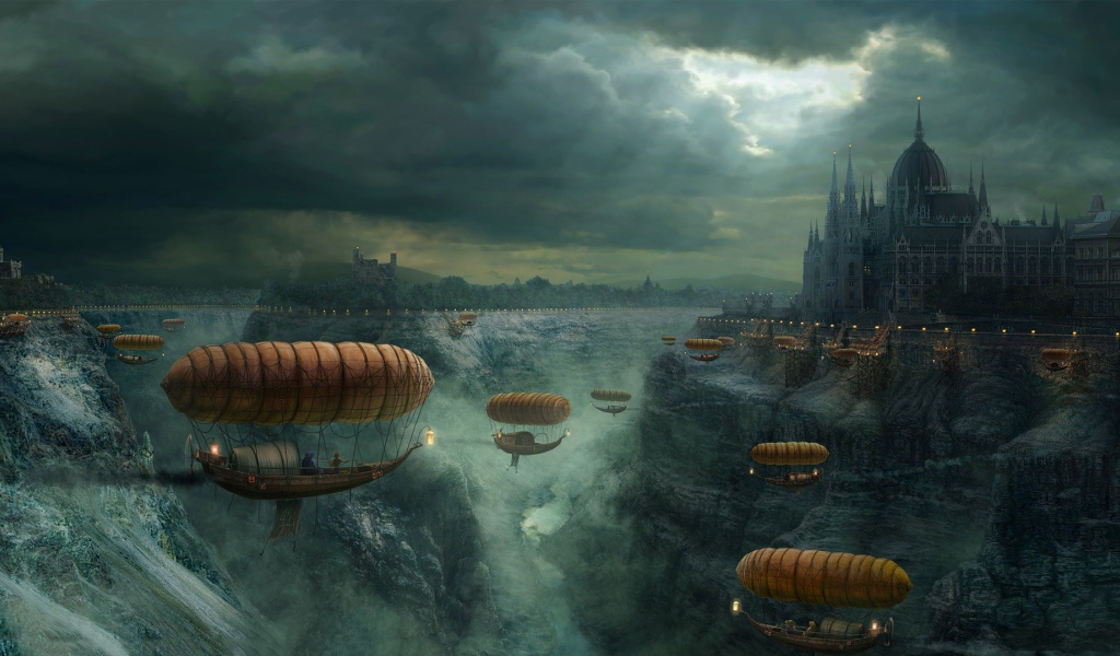 Полеты на дирижаблях над обмелевшей рекой