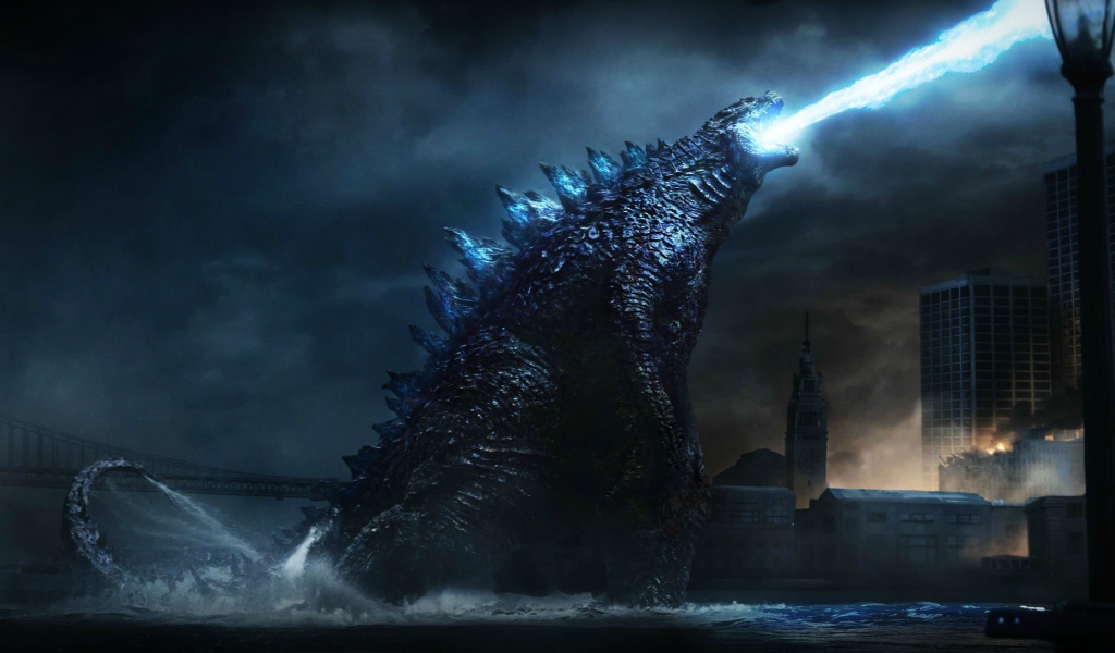 Годзилла извергает голубое пламя