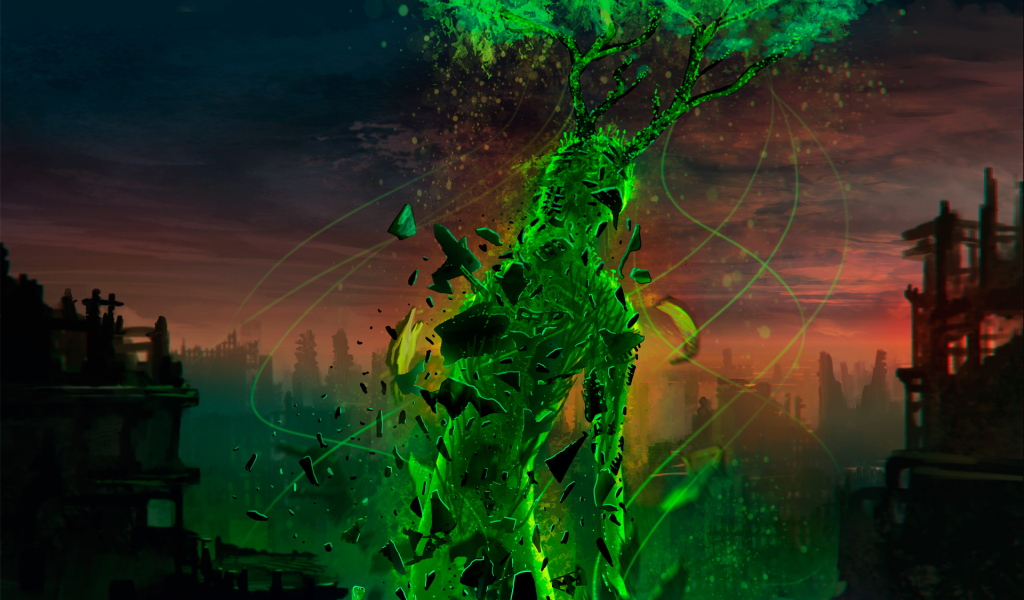 Зеленый персонаж фентези Атом