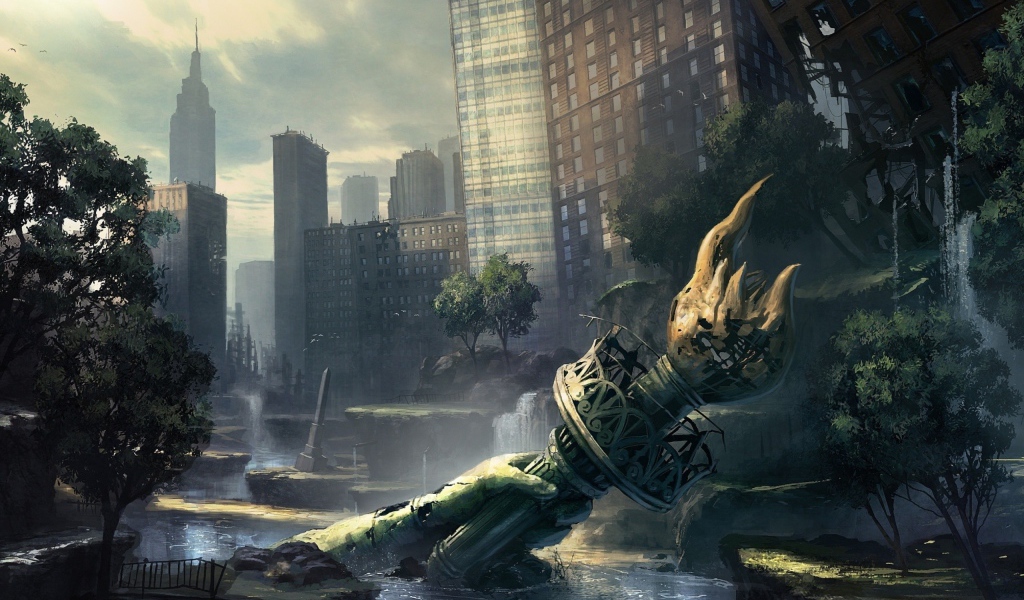 Рука с факелом от статуи Свободы в руинах Нью-Йорка