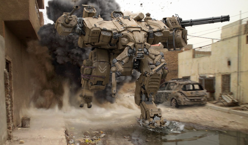 Тяжелый боевой робот бежит по улице