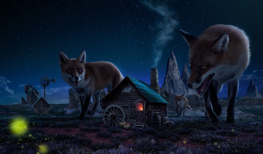 Огромные лисы в деревушке