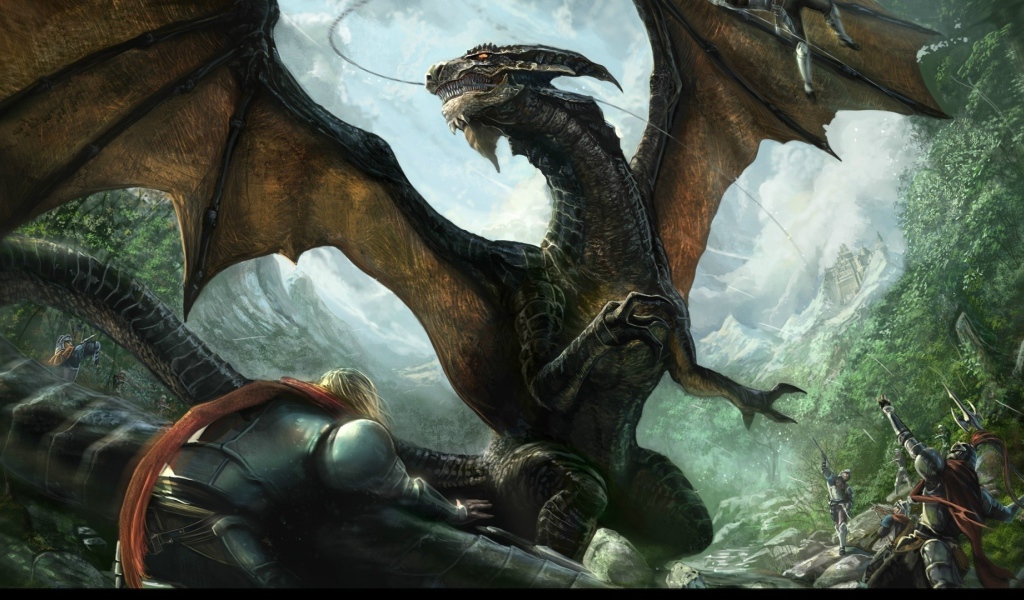 Рыцари в латах ведут бой с драконом