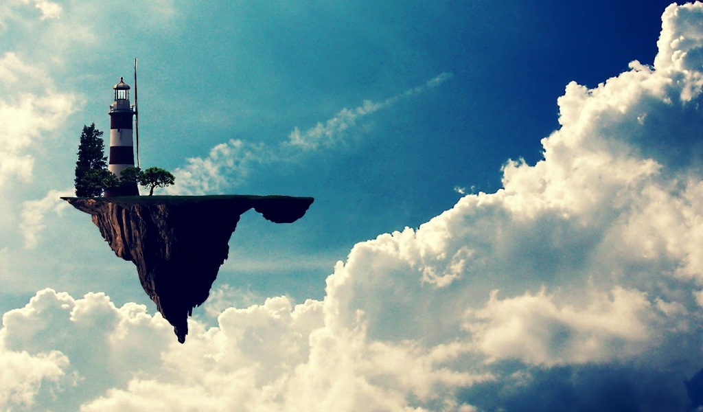 Маяк на куске земли улетает в облака