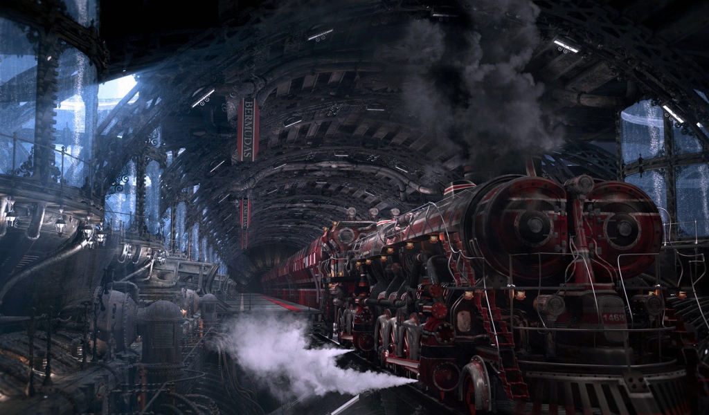 Мощный локомотив на станции, стимпанк