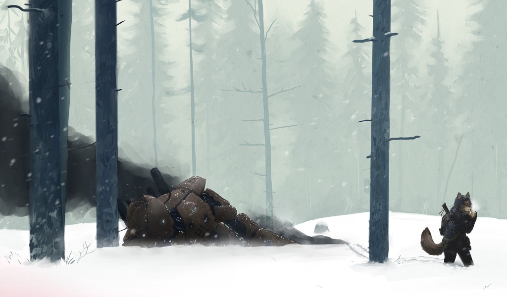 Поверженный робот в зимнем лесу