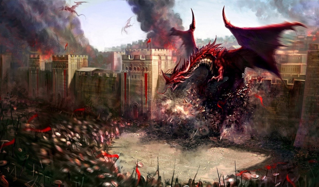 Красный дракон рушит крепостную стену