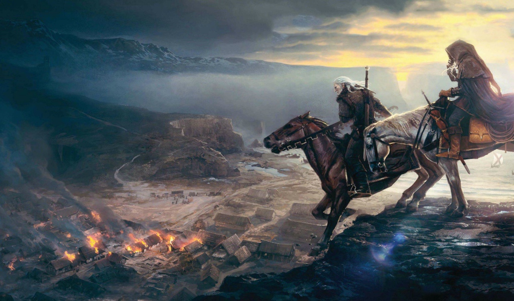 Всадники смотрят на горящую деревню