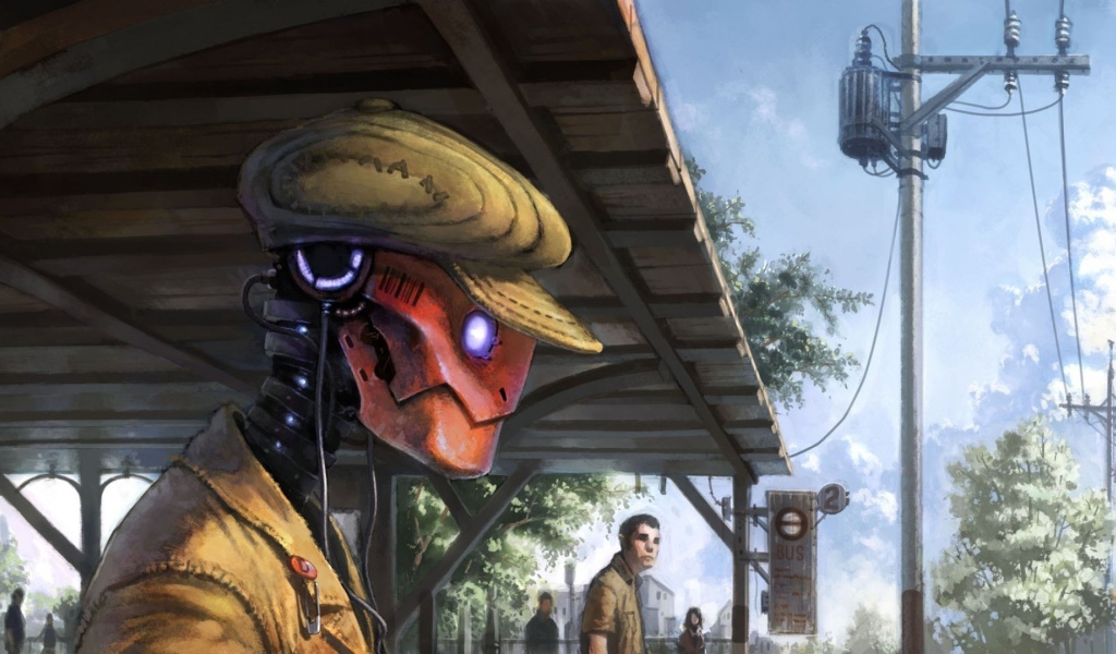 Робот в кепке ждет поезда на платформе