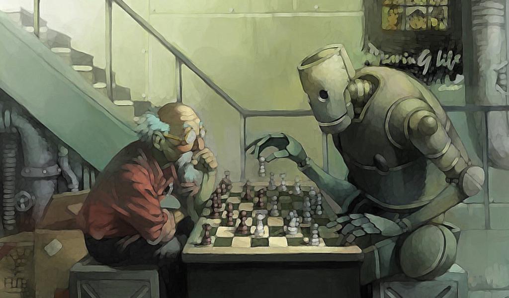 Робот играет в шахматы с пожилым мужчиной
