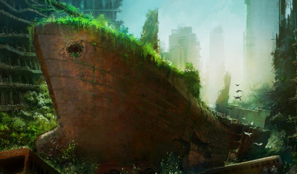 Ржавый корабль среди руин небоскребов