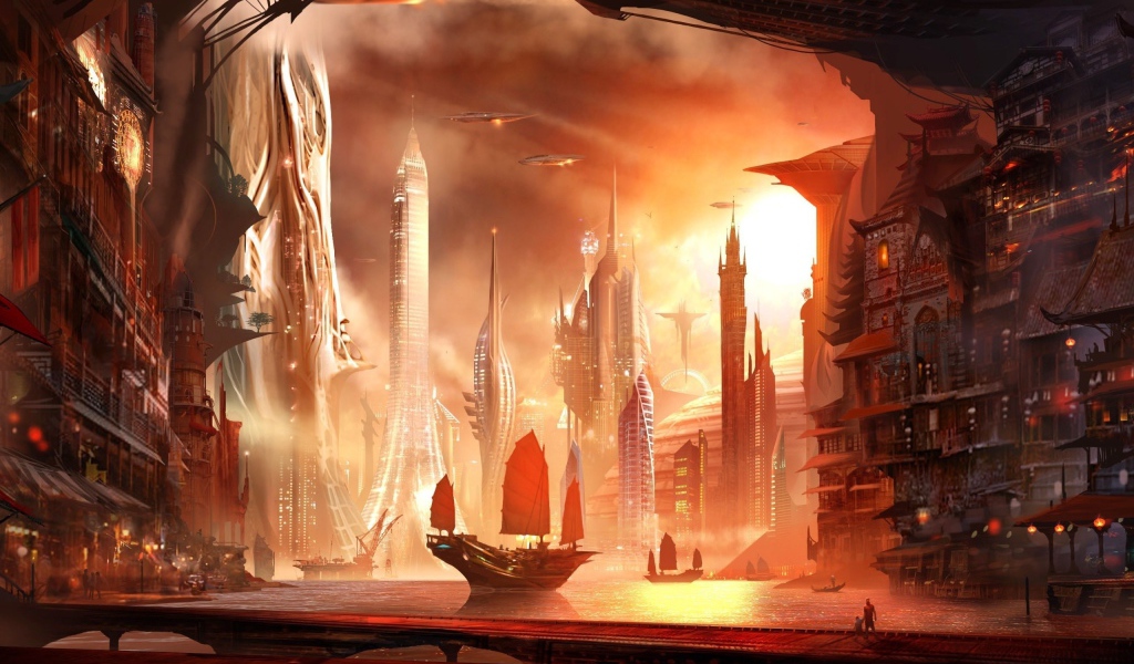 Парусник в азиатском городе будущего