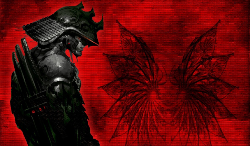 Самурай в доспехах на красном фоне