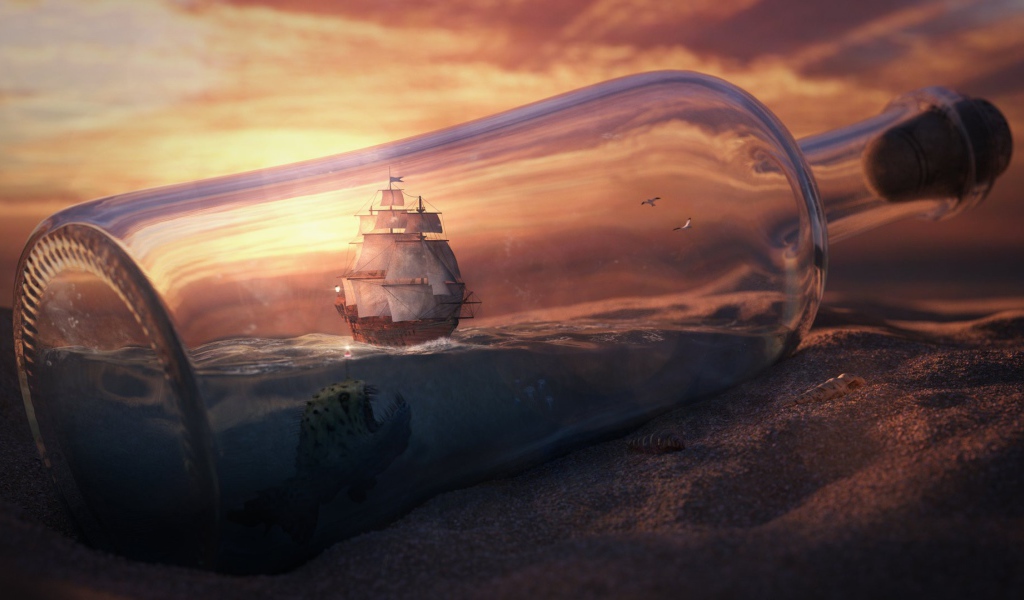 Морское чудовище и корабль в бутылке