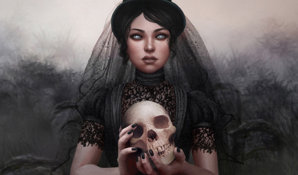 Девушка в трауре с черепом в руках