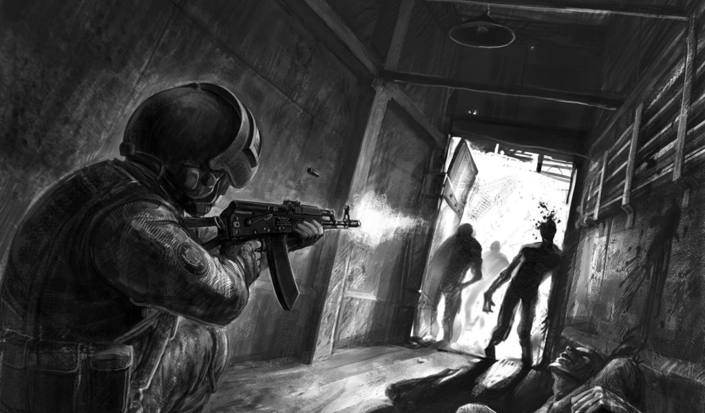 Солдат стреляет в зомби