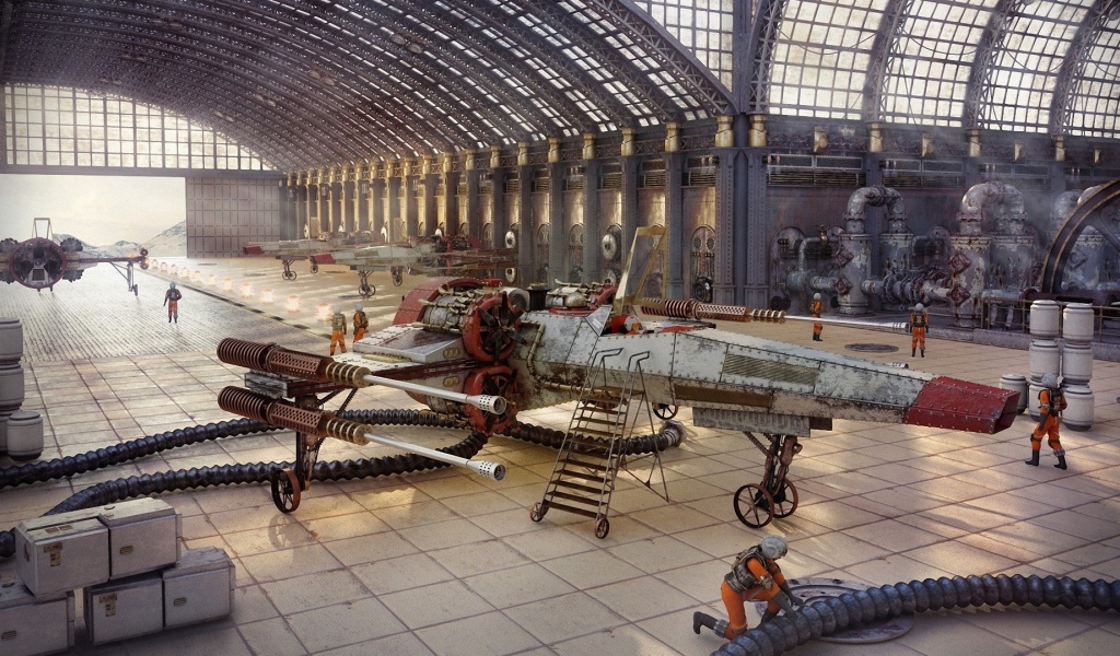 Космический истребитель в ремонтном ангаре