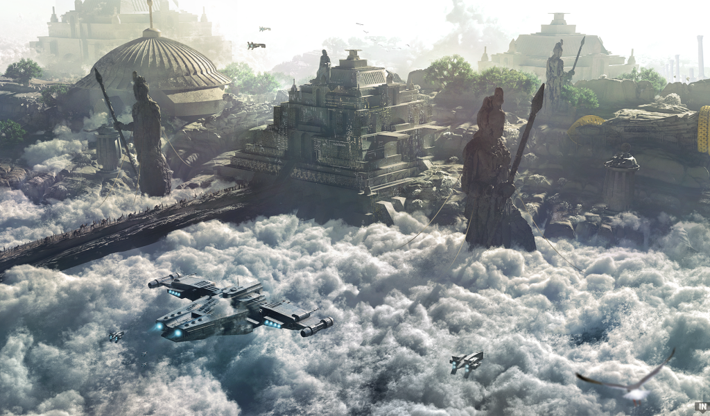 Космический корабль перед храмом развитой цивилизации