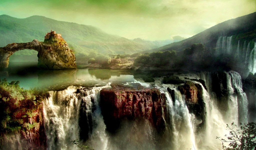 Замок на скале над водопадом