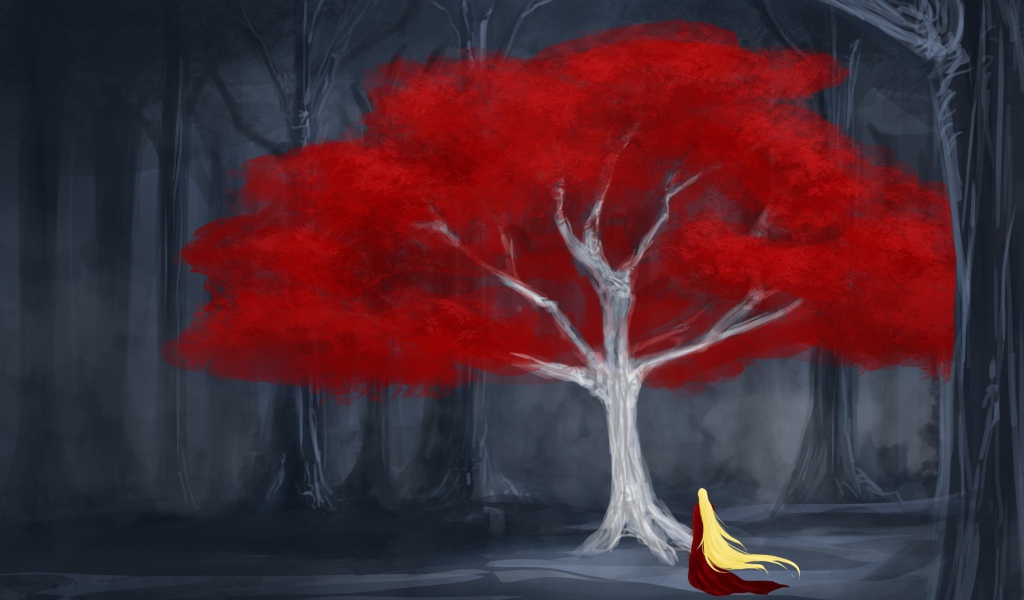 Девушка у красного дерева в мире сказок