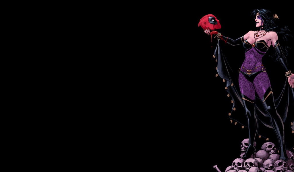 Девушка держит в руке голову Дэдпула