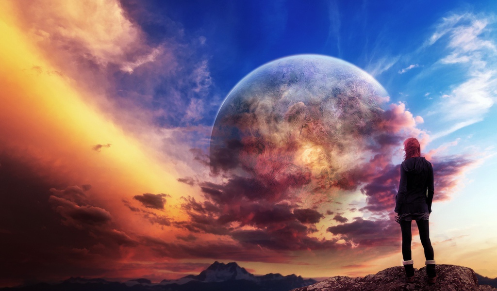 Девушка смотрит на соседнюю планету