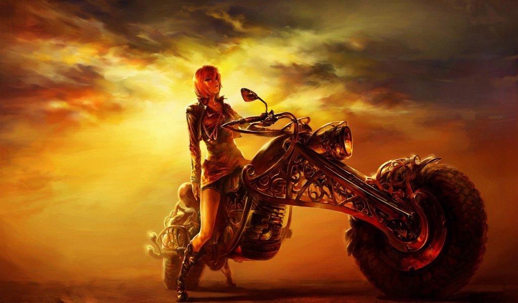 Девушка на мотоцикле в стиле стимпанк