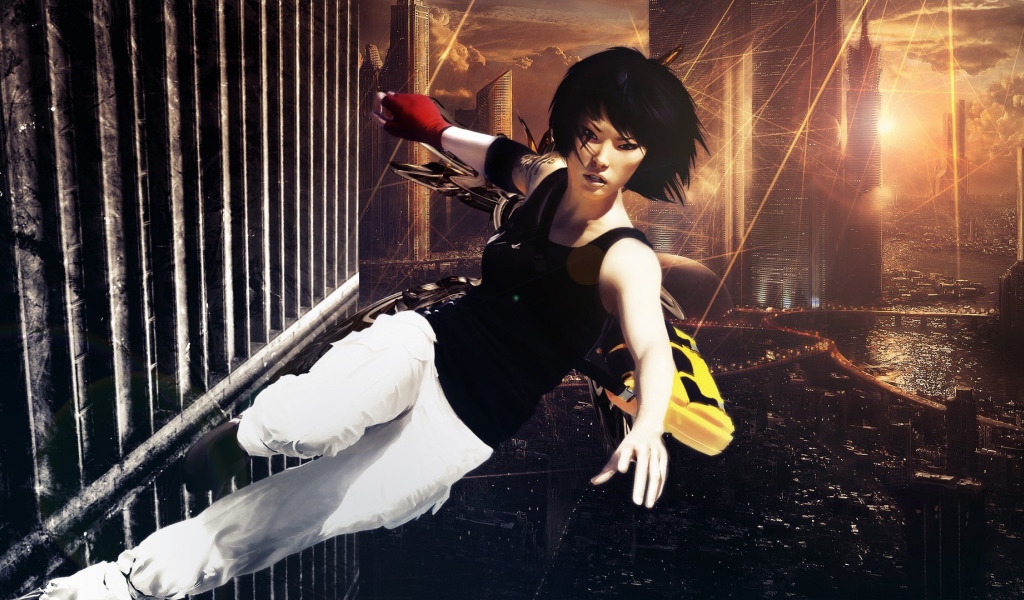 Девушка бежит по стене небоскреба